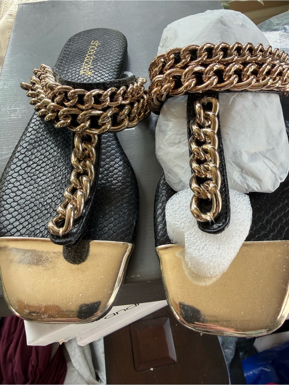 Shoe Dazzle Black Sandals with Gold Chain and Metallic Toe Cap